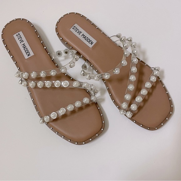 Steve Madden Skyler Studded Pearl Embellished Square Toe Flat Sandals Size 7.5 - Picture 6 of 13